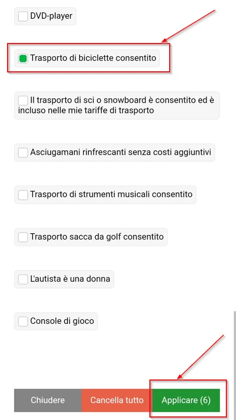 Un frammento di una pagina del sito web con un filtro per la selezione dei tipi di bagagli.