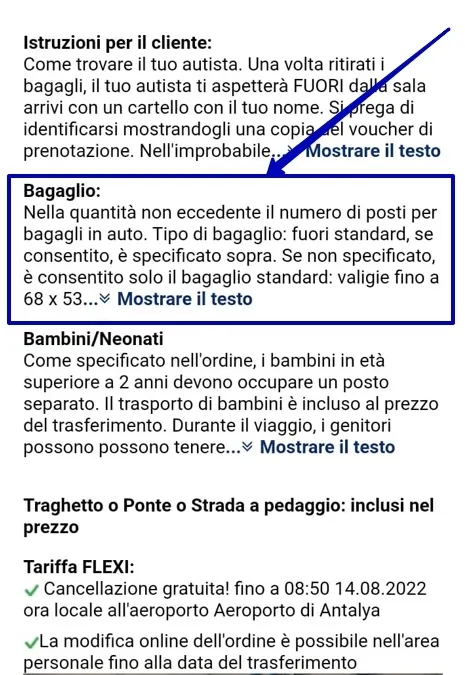 Frammento di ordine-informazioni sul volume dei bagagli.