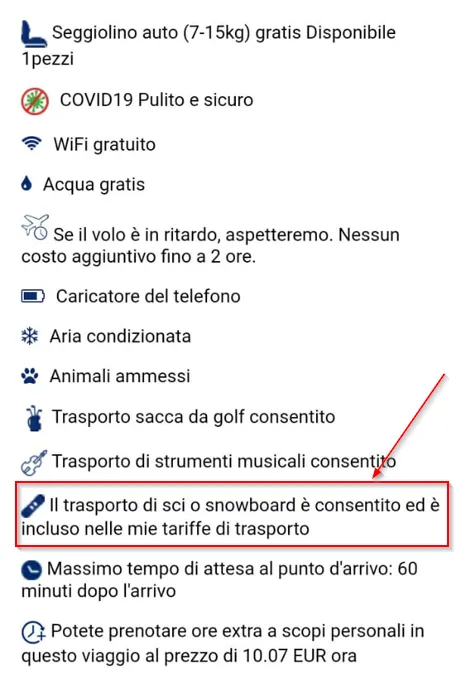Impostazioni-È consentito il trasporto di sci o snowboard