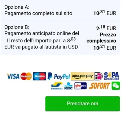 Frammento del modulo d'ordine di trasferimento con opzioni di pagamento.
