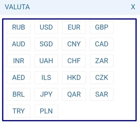 Pagamento dell'ordine di trasferimento del frammento - selezione della valuta al momento del pagamento.